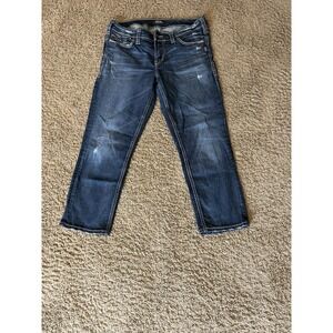 Silver Jeans Capri 28X22.5 Elyse Distressed Embroidered Blue Women's Jeans